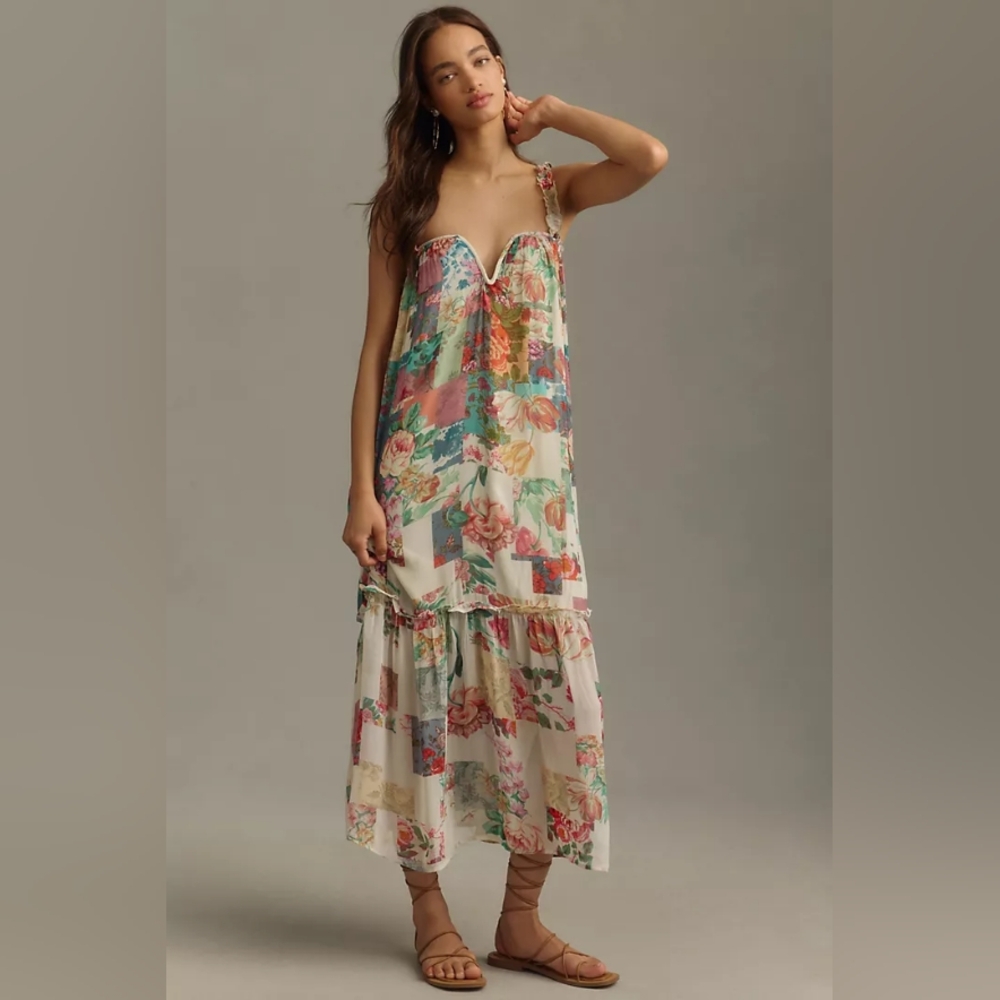 Anthropologie Chiffon Shift Midi Maxi Dress Floral Printed NWT Medium